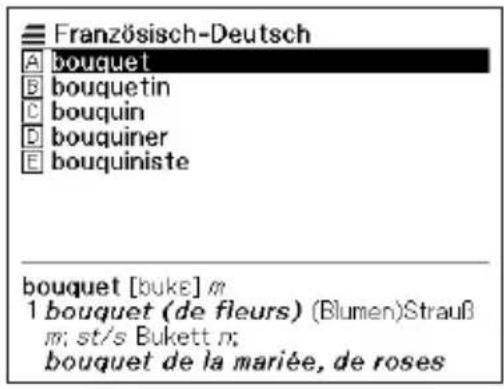 Französisch-Deutsch A bouquet B bouquetin C bouquetin D bouquetiner E bouquetiste bouquet [buke] m 1 bouquet (de fleurs) (Blumen)Strauß m; st/s Bukett n; bouquet de la mariée, de roses