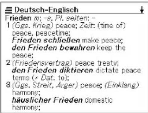 Deutsch-Englisch Frieden m; -s. Pi. seiten: - 1 (Ggs. Krieg) peace; Zeit: (time of) peace, peacetime; Frieden schließen make peace; den Frieden bewahren keep the peace; 2 (Friedensvertrag) peace treaty; den Frieden diktieren dictate peace terms (+ Dat. to); 3 (Ggs. Streit, Arger) peace; (Einklang) harmony; häuslicher Frieden domestic harmony;