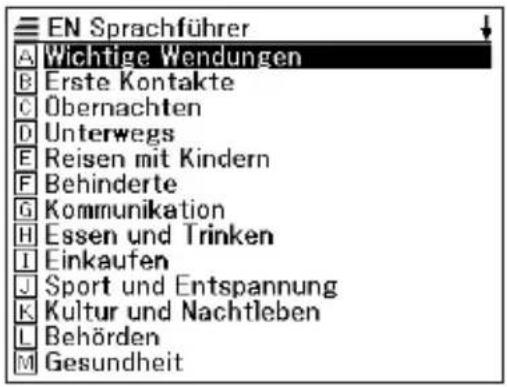 EN Sprachführer A Wichtige Wendungen B Erste Kontakte C Übernachten D Unterwegs E Reisen mit Kindern F Behinderte G Kommunikation H Essen und Trinken I Einkaufen J Sport und Entspannung K Kultur und Nachtleben L Behörden M Gesundheit