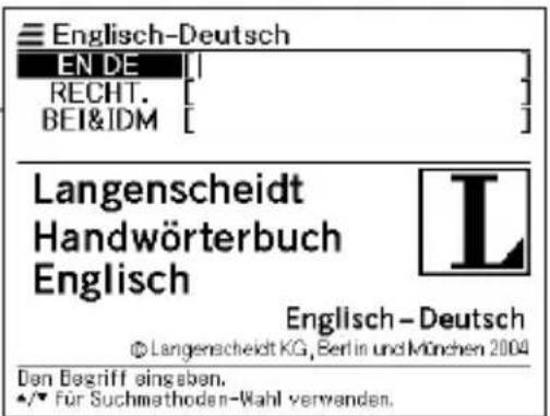 Englisch-Deutsch EN DE [ ] RECHT. [ ] BEI&IDM [ ] Langenscheidt Handwörterbuch Englisch Englisch - Deutsch © Langenscheidt KG, Berlin und München 2004 Den Begriff eingaben. •/▼ Für Suchmethoden-Wahl verwenden.