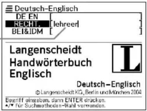 Deutsch-Englisch DE EN RECHT. [lehreer] BEI&IDM Langenscheidt Handwörterbuch Englisch Deutsch-Englisch © Langenscheidt KG, Berlin und München 2004 Begriff eingaben, dann ENTER drücken. •/• für Suchmethoden-Wahl verwenden.