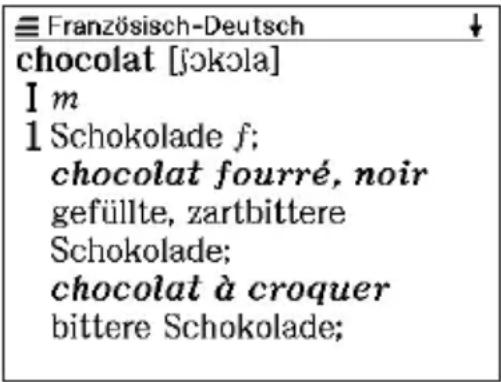 Französisch-Deutsch chocolat [jokola] I m 1 Schokolade f; chocolat fourré, noir gefüllte, zartbittere Schokolade; chocolat à croquer bittere Schokolade;