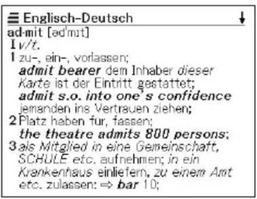 Englisch-Deutsch admit [admit] I v/t. 1 zu-, ein-, vorlassen; admit bearer dem Inhaber dieser Karte ist der Eintritt gestattet; admit s.o. into one's confidence jemanden ins Vertrauen ziehen; 2 Platz haben fur, fassen; the theatre admits 800 persons; 3 als Mitglied in eine Gemeinschaft, SCHULE etc. aufnehmen; in ein Krankenhaus einliefern, zu einem Amt etc. zulassen: ⇒ bar 10;