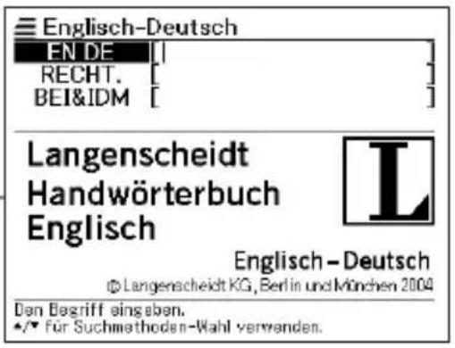 Englisch-Deutsch EN DE [ ] RECHT. [ ] BEI&IDM [ ] Langenscheidt Handwörterbuch Englisch Englisch - Deutsch © Langenscheidt KG, Berlin und München 2004 Den Begriff eingeben. •/• für Suchmethoden-Wahl verwenden.