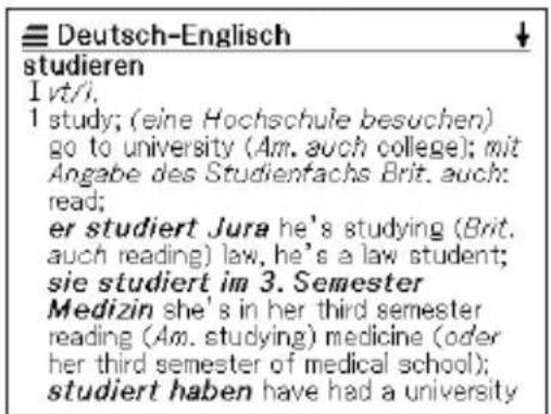 Deutsch-Englisch studieren I vt/1. 1 study; (eine Hochschule besuchen) go to university (Am. auch college); mit Angabe des Studienfachs Brit. auch: read; er studiert Jura he's studying (Brit. auch reading) law, he's a law student; sie studiert im 3. Semester Medizin she's in her third semester reading (Am. studying) medicine (oder her third semester of medical school); studiert haben have had a university