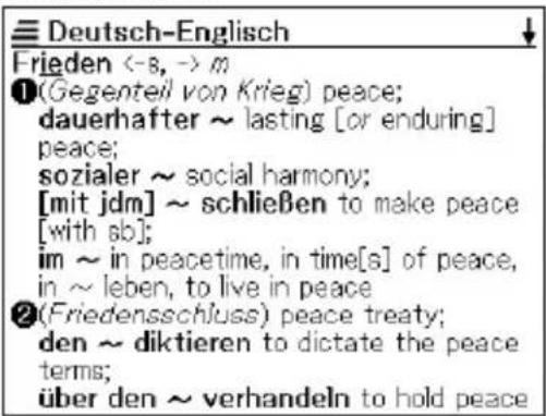 Deutsch-Englisch Frieden <-s, -> m ①(Gegenteil von Krieg) peace; dauerhafter ~ lasting [or enduring] peace; sozialer ~ social harmony; [mit jdm] ~ schließen to make peace [with sb]; im ~ in peacetime, in time[s] of peace, in ~ leben, to live in peace ②(Friedensschluss) peace treaty; den ~ diktieren to dictate the peace terms; über den ~ verhandeln to hold peace