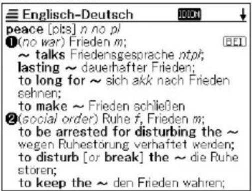 Englisch-Deutsch peace [p1s] n no p/ (no war) Frieden m; ~ talks Friedensgesprache ntpi; lasting ~ daueihafter Frieden; to long for ~ sich akk nach Frieden sehnen; to make ~ Frieden schließen (social order) Ruhe f, Frieden m; to be arrested for disturbing the ~ wegen Ruhestörung verhaftet werden; to disturb [or break] the ~ die Ruhe storen; to keep the ~ den Frieden wahren;