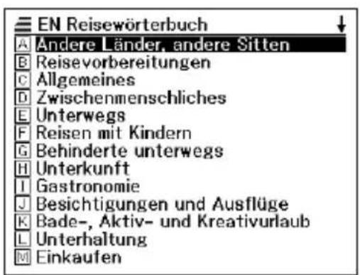 EN Reisewörterbuch A Andere Länder, andere Sitten B Reisevorbereitungen C Allgemeines D Zwischenmenschliches E Unterwegs F Reisen mit Kindern G Behinderte unterwegs H Unterkunft I Gastronomie J Besichtigungen und Ausflüge K Bade-, Aktiv- und Kreativurlaub L Unterhaltung M Einkaufen