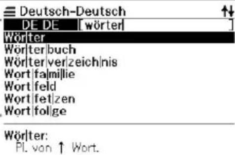Deutsch-Deutsch DE DE [wörter] Wörter Wörter/buch Wörter/ver/zeich/nis Wort/falmillie Wortfeld Wortfet/zen Wortfolge Wörter: Pl. von ↑ Wort.