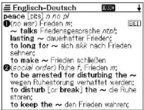 Englisch-Deutsch peace [pl:s] n no pl ①(no war) Frieden m; ～ talks Friedensgesprache ntpl; lasting ~ dauerhafter Frieden; to long for ~ sich akk nach Frieden sehen; to make ~ Frieden schließen ②(social order) Ruhe f, Frieden m; to be arrested for disturbing the ~ wegen Ruhestorung verhaftet werden; to disturb [or break] the ~ die Ruhe storen; to keep the ~ den Frieden wahren;