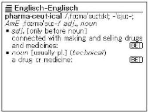 Englisch-Englisch pharma-ceut-ical /ˌfɔːməˈsuːtɪkl; -ˈsjuː-; AmE ,fɔːməˈsu:-/ adj., noun ▪ adj. [only before noun] connected with making and selling drugs and medicines: ▪ noun [usually pl.] (technical) a drug or medicine: