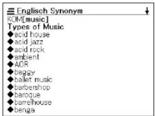 Englisch Synonym KOM[music] Types of Music ◆acid house ◆acid jazz ◆acid rock ◆ambient ◆AOR ◆baggy ◆ballet music ◆barbershop ◆baroque ◆barrelhouse ◆benga