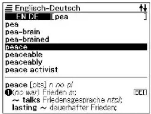 Englisch-Deutsch EN DE [pea] pea pea-brain pea-brained peace peaceable peaceably peace activist peace [pts] n no pl ( no war) Frieden m; ~ talks Friedensgesprache ntpi; lasting ~ dauerhafter Frieden;