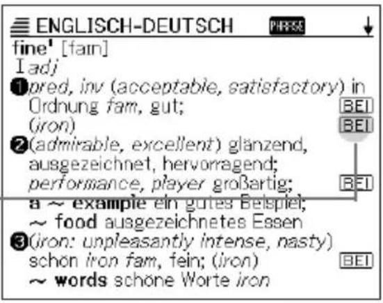 ENGLISCH-DEUTSCH PRESS fine' [fain] I adj ①pred, inv (acceptable, satisfactory) in Ordnung fam, gut; BEI (iron) ②(admirable, excellent) glänzend, ausgezeichnet, hervorragend; performance, player großartig; BEI a ~ example ein gutes Beispiel; ~ food ausgezeichnetes Essen ③(iron: unpleasantly intense, nasty) schon iron fam, fein; (iron) BEI ~ words schöne Worte iron