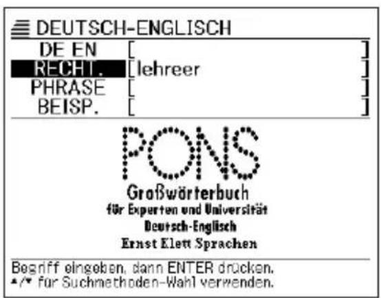 DEUTSCH-ENGLISH DE EN [ ] RECHT. [lehreer] PHRASE [ ] BEISP. [ ] PONS Großwörterbuch für Experten und Universität Deutsch-Englisch Ernst Klett Sprachen Begriff eingeben, dann ENTER drücken. •/• für Suchmethoden-Wahl verwenden.