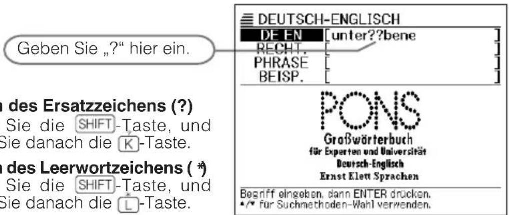 Geben Sie „?“ hier ein. DEUTSCH-ENGLISCH DE EN [unter??bene] RECHT. PHRASE BEISP. PONS Großwörterbuch für Experten und Universität Deutsch-Englisch Ernst Elett Sprachen Begriff eingeben, dann ENTER drücken. •/* für Suchmethoden-Wahl verwenden.