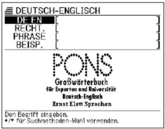 DEUTSCH-ENGLISH DE EN [ ] RECHT. [ ] PHRASE [ ] BEISP. [ ] PONS Großwörterbuch für Experten und Universität Deutsch-Englisch Ernst Elett Sprachen Den Begriff eingeben. •/• für Suchmethoden-Wahl verwenden.