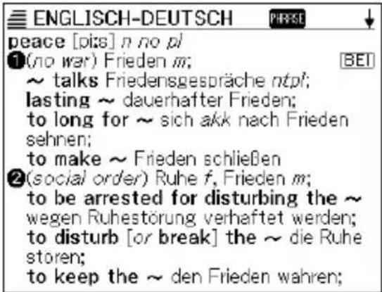 ENGLISCH-DEUTSCH peace [pi:s] n no pl ①(no war) Frieden m; ~ talks Friedensgespräche ntpl; lasting ~ dauerhafter Frieden; to long for ~ sich akk nach Frieden sehen; to make ~ Frieden schließen ②(social order) Ruhe f, Frieden m; to be arrested for disturbing the ~ wegen Ruhestörung verhaftet werden; to disturb [or break] the ~ die Ruhe storen; to keep the ~ den Frieden wahren;