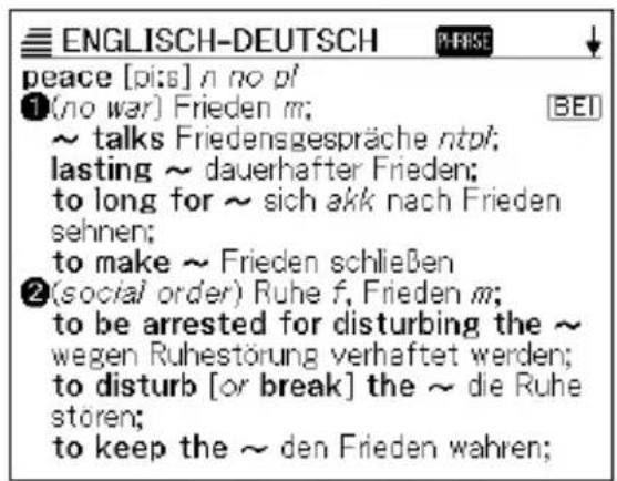 ENGLISH-DEUTSCH PEEISE peace [pi:s] n no pi ①(no war) Frieden m; ~ talks Friedensgespräche ntpi; lasting ~ dauerhafter Frieden; to long for ~ sich akk nach Frieden sehnen; to make ~ Frieden schließen ②(social order) Ruhe f, Frieden m; to be arrested for disturbing the ~ wegen Ruhestörung verhaftet werden; to disturb [or break] the ~ die Ruhe storen; to keep the ~ den Frieden wahren;