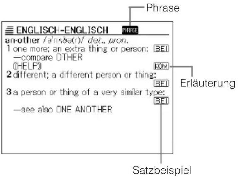 ENGLISH-ENGLISH an-other /əˈnʌðə(r)/ det., pron. 1 one more; an extra thing or person: BEI —compare OTHER (HELP) 2 different; a different person or thing: 3 a person or thing of a very similar type: —see also ONE ANDOTHER Phrase Erläuterung Satzbeispiel