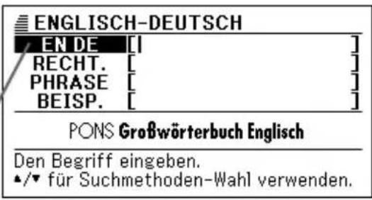 ENGLISH-DEUTSCH EN DE [ ] RECHT. [ ] PHRASE [ ] BEISP. [ ] PONS Großwörterbuch Englisch Den Begriff eingeben. ▲/▼ für Suchmethoden-Wahl verwenden.