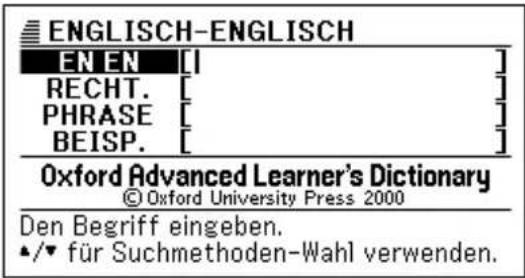 ENGLISH-ENGLISH EN EN [ ] RECHT. [ ] PHRASE [ ] BEISP. [ ] Oxford Advanced Learner's Dictionary © Oxford University Press 2000 Den Begriff eingeben. ▲/▼ für Suchmethoden-Wahl verwenden.