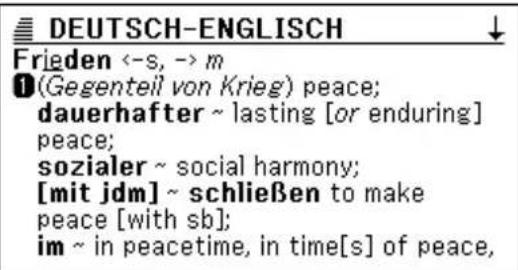 DEUTSCH-ENGLISCH Frieden <-s, -> m 1(Gegenteil von Krieg) peace; dauerhafter ~ lasting [or enduring] peace; sozialer ~ social harmony; [mit jdm] ~ schließen to make peace [with sb]; im ~ in peacetime, in time[s] of peace,