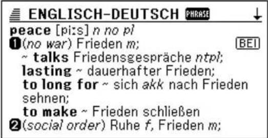 ENGLISCH-DEUTSCH PHRASE peace [pi:s] n no pi ①(no war) Frieden m; ~ talks Friedensgespräche ntpi; lasting ~ dauerhafter Frieden; to long for ~ sich akk nach Frieden sehnen; to make ~ Frieden schließen ②(social order) Ruhe f, Frieden m;
