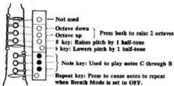 Not used Octave down | Press both to raise 2 octaves Octave up key: Raises pitch by 1 half-tone key: Lowers pitch by 1 half-tone Note key: Used to play notes C through B Repeat key: Press to cause notes to repeat when Breath Mode is set to OFF.