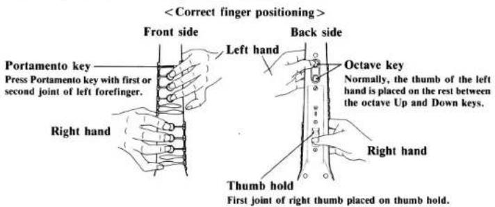 Front side Left hand Back side Portamento key Press Portamento key with first or second joint of left forefinger. Right hand Octave key Normally, the thumb of the left hand is placed on the rest between the octave Up and Down keys. Right hand Thumb hold First joint of right thumb placed on thumb hold.