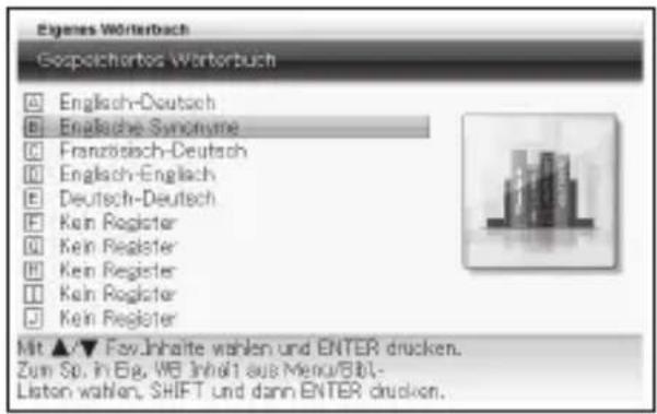 Eigenes Worterbuch Geopolichortes Worterbuch Englisch-Deutsch Englische Synonyme Französisch-Deutsch Englisch-Englisch Deutsch-Deutsch Kein Register Kein Register Kein Register Kein Register Mit ▲/▼ Fow-Inhalte wählen und ENTER drucken. Zum Sp. in Eig. WB Inhalt aus Menu/Bbl- Listen wählen, SHIFT und dann ENTER drucken.