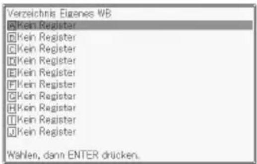 Verzeichnis Eigenes WB A Kein Register B Kein Register C Kein Register D Kein Register E Kein Register F Kein Register G Kein Register H Kein Register I Kein Register J Kein Register Wahlen, dann ENTER drücken.