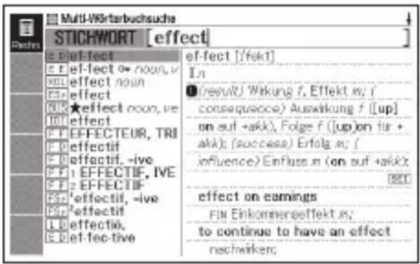 Multi-Wrterbuchsuche STICHWORT [effect] E: e-fect E: e-fect = noun, M: effect noun E: effect N: e-effect noun, ve O: effect P: EFFECTEUR, TRI P: effectif C: effectif, -ive F: EFFECTIF, IVE F: e-FECTIF- F: effectif, -ive R: effectif L: effectif, E: e-fective e-fect [fekt] I: ● (result) Wakung f, Effekt m; f consequence) Auswirkung f ([up] on auf +akk), Folge f ([up] on für + akk); (success) Erfolg m; f influence) Einfluss m (on auf +akk); [851] effect on earnings FIN Einkommereffekt m; to continue to have an effect nachwirken;