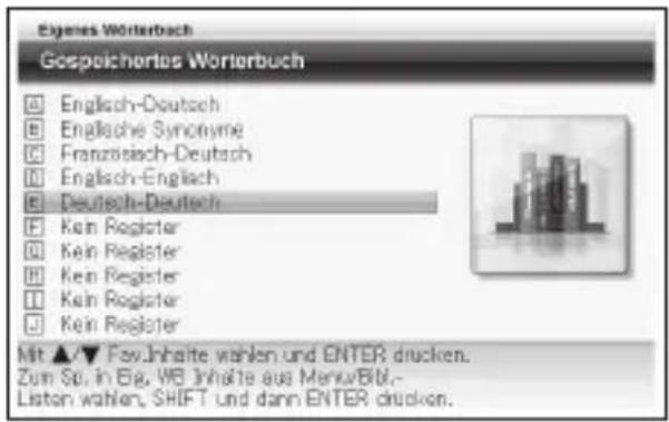Eigenes Worterbuch Gespeichertes Worterbuch Englisch-Deutsch Englische Synonyme Französisch-Deutsch Englisch-Englisch Deutsch-Deutsch Kein Register Kein Register Kein Register Kein Register Kein Register Mit ▲▼ Fow-Inhalte wählen und ENTER drucken. Zum Sp. in Eig. WB Inhalte aus Menu/Btl. Listen wählen, SHIFT und dann ENTER drucken.