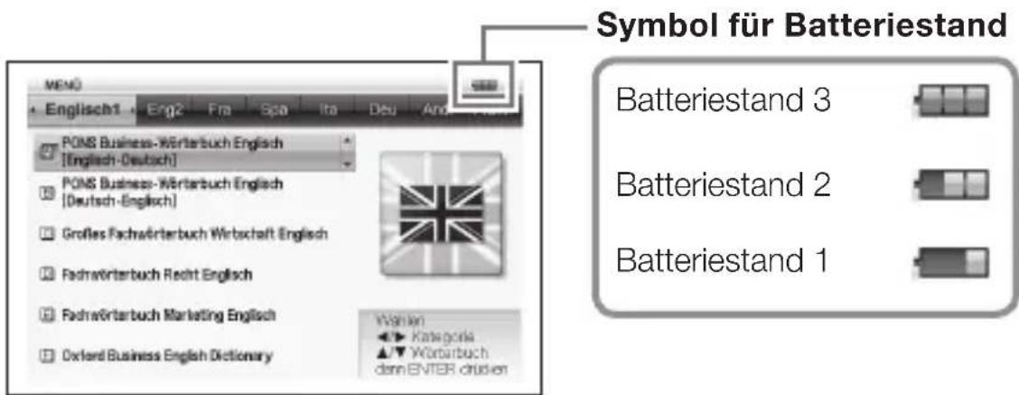 Symbol für Batteriestand Batteriestand 3 Batteriestand 2 Batteriestand 1