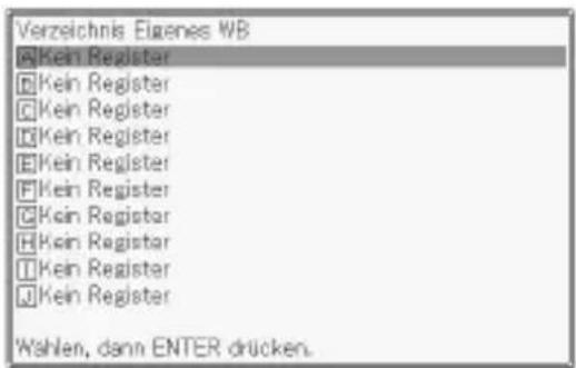 Verzeichnis Eigenes WB A Kein Register B Kein Register C Kein Register D Kein Register E Kein Register F Kein Register G Kein Register H Kein Register I Kein Register J Kein Register Wahlen, dann ENTER drücken.