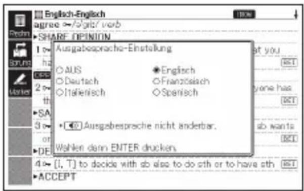 Englach-Englisch agree »/s'git/verb SHARE OPINION Ausgabesprache-Einstellung AUS Deutsch Italienisch Englisch Franzölsäch Sperisch Ausgabesprache nicht anderbar. Wahlen dann ENTER drucken [1, T] to decide with sb also to do sth or to have sth ACCEPT
