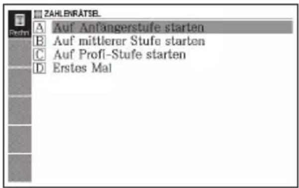 ZAHLENRÄTSEL. A Auf Anfangerstufe starten B Auf mittlerer Stufe starten C Auf Profi-Stufe starten D Erstes Mal