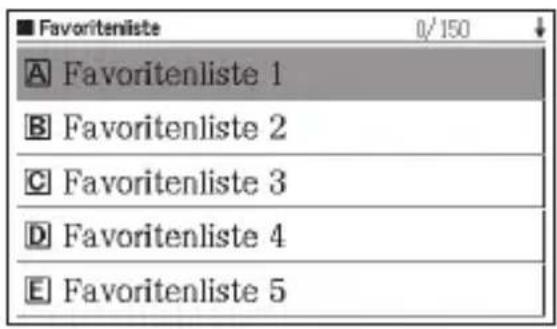 ■ Favoritenliste 0/150 A Favoritenliste 1 B Favoritenliste 2 C Favoritenliste 3 D Favoritenliste 4 E Favoritenliste 5