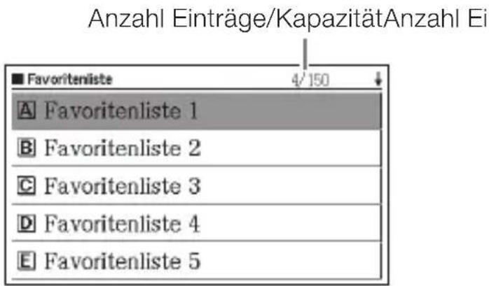 Anzahl Einträge/KapazitätAnzahl Ei ■ Favoritenliste 4/150 ↓ A Favoritenliste 1 B Favoritenliste 2 C Favoritenliste 3 D Favoritenliste 4 E Favoritenliste 5