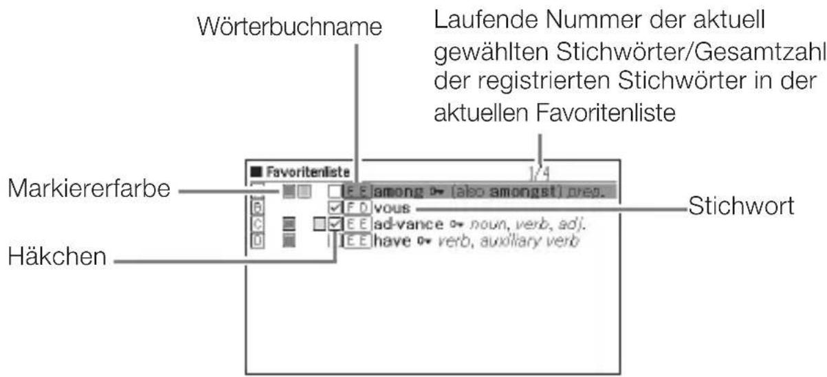 Wörterbuchname Laufende Nummer der aktuell gewählten Stichwörter/Gesamtzahl der registrierten Stichwörter in der aktuellen Favoritenliste Markiererfarbe Häkchen ■ Favoritenliste 1/4 among (also amongst) prep. vous ad-vance noun, verb, adj. have verb, auxiliary verb Stichwort