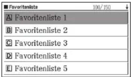 ■ Favoritenliste 100/150 A Favoritenliste 1 B Favoritenliste 2 C Favoritenliste 3 D Favoritenliste 4 E Favoritenliste 5
