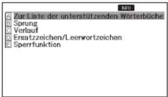 A Zur Liste der unterstützenden Wörterbüche B Sprung C Verlauf D Ersatzzeichen/Leerwortzeichen E Sperrfunktion