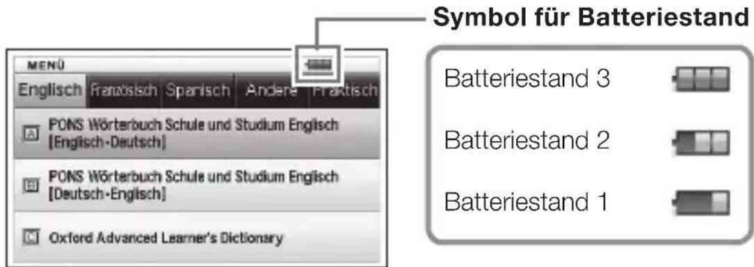 Symbol für Batteriestand MENU Englisch Fransisch Spanisch Andere Fraktisch PONS Wörterbuch Schule und Studium Englisch [Englisch-Deutsch] PONS Wörterbuch Schule und Studium Englisch [Deutsch-Englisch] Oxford Advanced Learner's Dictionary Batteriestand 3 Batteriestand 2 Batteriestand 1