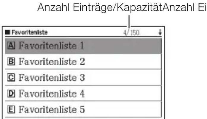 Anzahl Einträge/KapazitätAnzahl Ei ■ Favoritenliste 4/150 ↓ A Favoritenliste 1 B Favoritenliste 2 C Favoritenliste 3 D Favoritenliste 4 E Favoritenliste 5