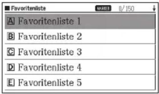 ■ Favoritenliste MARKS 0/150 A Favoritenliste 1 B Favoritenliste 2 C Favoritenliste 3 D Favoritenliste 4 E Favoritenliste 5