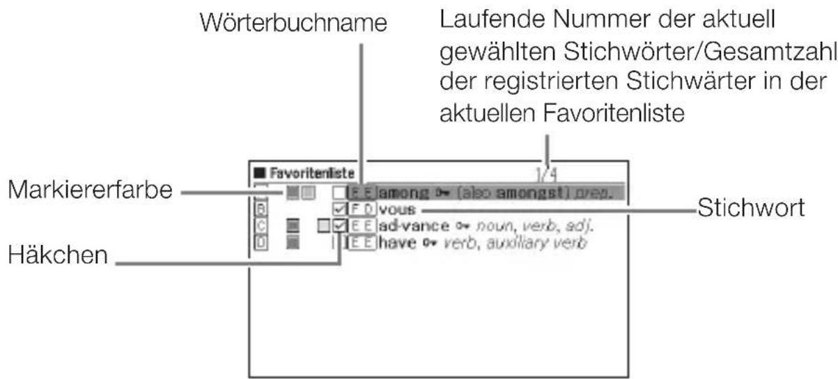 Wörterbuchname Laufende Nummer der aktuell gewählten Stichwörter/Gesamtzahl der registrierten Stichwärter in der aktuellen Favoritenliste Markiererfarbe Häkchen ■ Favoritenliste 1/4 among (also amongst) prep. vous ad-vance noun, verb, adj. have verb, auxiliary verb Stichwort
