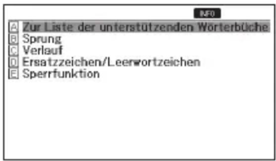 A Zur Liste der unterstützenden Wörterbüche B Sprung C Verlauf D Ersatzzeichen/Leerwortzeichen E Sperrfunktion