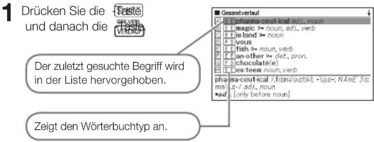 1 Drücken Sie die -Taste und danach die -Taste. Der zuletzt gesuchte Begriff wird in der Liste hervorgehoben. Zeigt den Wörterbuchtyp an.
