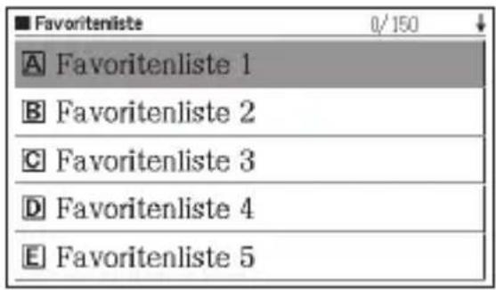 ■ Favoritenliste 0/150 A Favoritenliste 1 B Favoritenliste 2 C Favoritenliste 3 D Favoritenliste 4 E Favoritenliste 5
